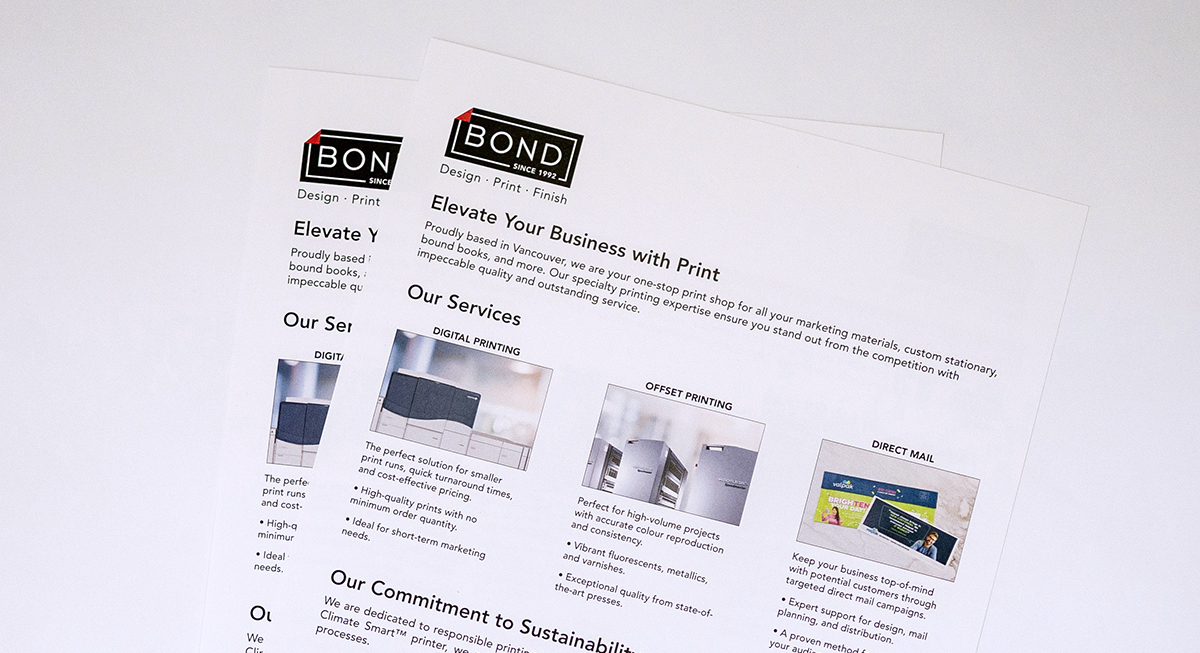Marketing materials - brochures and flyers printed at Bond Reproductions in Vancouver, BC.