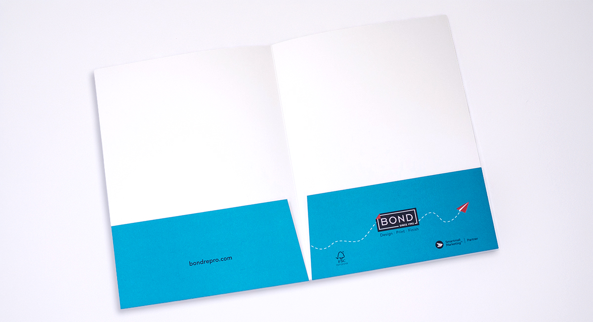 Marketing materials - custom branded presentation folders printed at Bond Reproductions in Vancouver, BC.