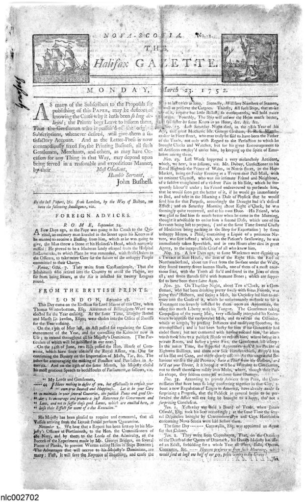 The Halifax Gazette, the first newspaper printed in Canada. Dated March 23, 1752.